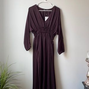 Zara Satin Effect Long Sleeve Elastic Waist Dress Plum Eggplant Purple